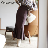 Christmas Gift Kuzuwata 2021 Autumn New Women Jupe Vintage Style Faldas Solid High Waist Slit slim Folds Ruffle Ankle-Length Mermaid Skirts