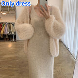 Joskaa 2022 Autumn Winter Gentle Style Dress Two-piece Female Plush Outer Sweater Coat +  V-neck Knitted Vest Dresses Women 2pcs