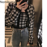 Christmas Gift Nomikuma Vintage Plaid Cropped Cardigan Women Two Piece O Neck Long Sleeve Casual Sweater Single Breasted New Chic Knitwear