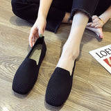Joskaa Plus Size Spring New Ballet Flats Women Square Toe Knit Fabric Loafers Breathable Flat Heel Drive Shoes Driving Sneaker