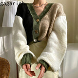 Woman Chic Knitting Cardigan Korean Autumn Winter Retro V-neck Button Contrast Color Loose Short Lantern Sleeve Sweater