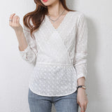 Joskka Autumn New 2021 Sexy Lace V-neck White Blouse Women Tops Lace Embroidery Clothes Solid Long Sleeve Tops Chemisier Femme 16414