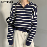 Christmas Gift BGTEEVER Chic Casual Turn-down Collar Zippers Women Striped Sweaters Tops Long Sleeve Loose Female Knitted Pullovers 2021 Autumn