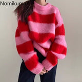 Christmas Gift Nomikuma Candy Color Knitted Striped Sweater Women O Neck Long Sleeve Korean Sweet Pullover Jumpers Female Sueter Mujer 3d644