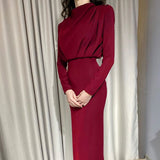 Christmas Gift InstaHot Elegant Women Dress Stand Collar Slim Waist Solid Blue Ankle Length Autumn Long Sleeve Casual Party Dress 2020 Fashion