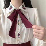 Christmas Gift Korean Chic Spring Women Gorgeous Blouse Vintage Elegant Bow Lady Shirt Turn-Down Collar Floral Embroidery Chiffon Blusas 13648