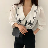 Christmas Gift Single-breasted Loose Shirt Women Korean Chic Autumn Retro Puff Sleeve Woman Blouses Lapel Embroidery Hit Color Blusas