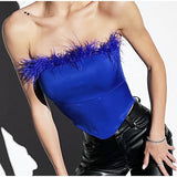 Joskaa Feather Splice Bra Vest Women Fashion Sleeveless Off Shoulder T-shirt Spring New  Ladies Sexy Waist Bandeau Top