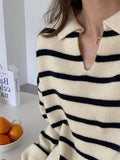 Joskaa Autumn Winter Women's Knitted Striped Sweater 2022 Trend Warm  V Neck Casual Tops  Polo Pullover Oversize Jumper With Collar