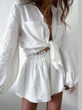 Joskaa White Cotton Linen Suit Women Long Sleeve Shirt Ruffle Shorts Tracksuit 2 Piece Set Female Casual High Waist Shorts Outfits