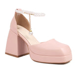 JOSKAA Summer Platform Princess Sandals String Bead Sweet Square Toe High Heels Lolita Fashion Wedding Girls Shoes Pink White