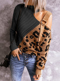 women fashion long sleeve Pullovers Top Leopard Print cutout one shoulder buckle Sweater autumn jumper