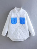 Joskaa Merodi Womens Autumn Winter Blue Pockets Patchwork White Long Parkas Girls Covered Button Contrast Color Loose Cotton Outwear