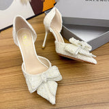 JOSKAA Luxury Pearl Crystal Bowtie White Wedding Shoes Women Autumn Brand Designer High Heels Pumps Woman Thin Heeled Party Shoes