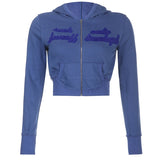 HEYounGIRL Vintage Blue Female Autumn Sweatshirt Preppy Casual  Zip Up Letter Crop Hoodies Slim Y2K Knit Pocket Short Coats 2022