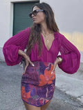 Black Friday Sales Women Purple V-Neck Shirt 2022 Spring Autumn Fashion Ladys Loose Lantern Sleeve Blouse Female Vintage Pleated Shirt