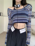 Joskaa Deeptown Y2K Harajuku Striped T-Shirts Women Crop Tops Vintage Streetwear Sexy Sweet Casual E Girl Long Sleeve T-Shirts Fashion