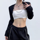 Joskaa Heyoungirl Chains Black Short Jacket Fashion Korean Basic Autumn Cardigan Top Streetwear Outfits Punk Grunge Winter Coat Casual