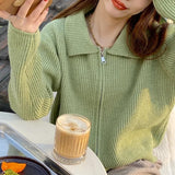 Joskaa Autumn Winter Knitted Cardigan Sweater Top Women Solid Casual Loose Zipper Long Sleeve Turn-down Collar Stretchy Outwear Female