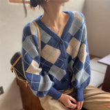 Joskaa Deeptown Y2K Oversize Women's Knitted Jacket Vintage Argyle Cardigan Sweater Korean Style Plaid Single Breasted Jumper Autumn