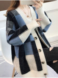 Joskaa Women Winter Cardigan Coat 2022 Korean Vintage Thick Warm Sweaters Long Sleeve Top Plaid Beautiful Knitted Sweater For Women