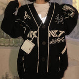 Joskaa Deeptown Harajuku Black Knitted Cardigan Sweater Women Gothic Oversize Jumper Korean Style V-Neck Long Sleeve Winter Warm Coat