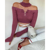 Joskaa Nsauye Streetwear Fashion Y2K Knitted Pullover Women Sweater Tops Green 2022 Sexy Off Shoulder Turtleneck Long Sleeve Sweater