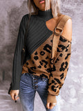 women fashion long sleeve Pullovers Top Leopard Print cutout one shoulder buckle Sweater autumn jumper
