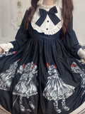 Thanksgiving Gift Japanese Vintage Gothic Marionette Lolita Women Dress Summer Women Cute Bow Long Sleeve Midi Dress Female Black Style Dresses
