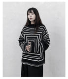 Joskaa Tawaaiw Geometric Gothic Sweater Women Long Sleeve Korean Style Knitted Pullover Loose Ladies Jumper Y2k Spliced Tops Femme Chic