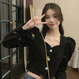 Cyber Monday Sales Spring 2022 New Vintage Embroidered Corduroy Shirts Women Sexy Puff Sleeve Shirts Cropped Tops Fashion Clothes Boutique Clothing