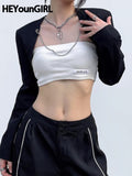 Joskaa Heyoungirl Chains Black Short Jacket Fashion Korean Basic Autumn Cardigan Top Streetwear Outfits Punk Grunge Winter Coat Casual