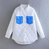 Joskaa Merodi Womens Autumn Winter Blue Pockets Patchwork White Long Parkas Girls Covered Button Contrast Color Loose Cotton Outwear