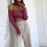 Joskaa Nsauye Streetwear Fashion Y2K Knitted Pullover Women Sweater Tops Green 2022 Sexy Off Shoulder Turtleneck Long Sleeve Sweater
