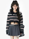 Joskaa Deeptown Y2K Harajuku Striped Knitted Cropped Sweater Women Retro Oversized Jumper Vintage Casual Long Sleeve Tops Preppy Style