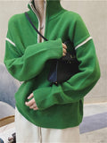 Joskaa Green Women's Oversize Sweater Autumn Winter Loose Zipper Knitting Sweaters Vintage Long Sleeve Pullover Tops Women's Turtleneck