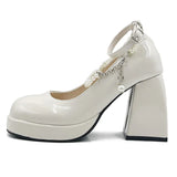 JOSKAA Y2K Chunky Platform High Heels Pumps Women Summer Patent Leather Black White Lolita Shoes Woman Pearl Ankle Straps Pumps