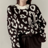 Joskaa MEXZT Streetwear Women Vintage Leopard Sweaters Pullovers Autumn Winter Fashion Harajuku Loose O-Neck Lazy Wind Korean Y2k Tops