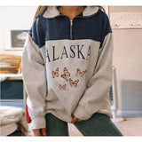 Joskaa Women Sweatshirt Oversized Letter Alaska Fashion Vintage POLO Collar Casual Pullovers Long Sleeves Winter Warm Fleece Cotton
