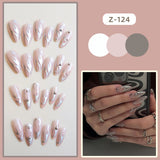 Joskka Wearable Silver Stripes Y2k False Nails Long Almond Round Fashion Nail Tips Press On With Silver Beads Designs Fake Nails August Nails 2023