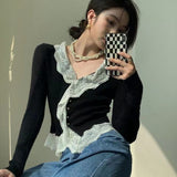 Joskaa Deeptown Black Lace Knitted Sweater Cardigan For Women V-Neck Long Sleeve Casual Fashion Single-Breasted Crop Top Y2k Clothes