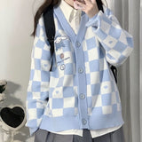 Joskaa Women's Knitted Cardigan Embroidered Sweater Y2k Cute Cartoon Jk Uniform Checkerboard Sweater Coat Spring And Autumn Ins Hot