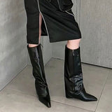 Joskka INS Style Knight Knee High Boots Outfit Winter Autumn Knee-High Boots Personality Straight Barrel Pointed Toe Lady Boot Wedges Shoes
