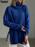 Joskaa Nsauye Loose Casual Solid Blue Fashion Knitted Long Sleeve Women Autumn Sweater Jumper 2022 Turtleneck Basic Long Pull Sweater