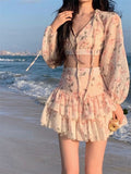 JOSKAA  Spring Summer Sweet Two Piece Set Sexy Backless Shirt Crop Top + Cake Skirt Suits Floral Chiffon Boho Beach Outfits  Fairy Dress  For Women