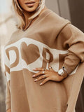 women fashion long sleeve pullovers Top Letter Heart Print  v neck Split hemSweater autumn jumper