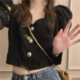 Cyber Monday Sales Spring 2022 New Vintage Embroidered Corduroy Shirts Women Sexy Puff Sleeve Shirts Cropped Tops Fashion Clothes Boutique Clothing