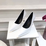 Joskaa NEW Women's Shoes LEATHER Woman High Heels Pointed Toe Women Pumps For Fashion Office Lady Slip On Sock Free White Black