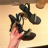 Joskaa  Women Sandals High Heels Square Toe Brand Open Toe Luxury Stiletto   Shoes Metal Retro Party Sadalias Summer Shoes