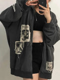 Joskaa Women's Street Brown Graffiti Print Zip Vintage Tops Hoodie Sweatshirts Hoodies Kawaii Blouse Grunge Y2k Clothes  Autumn Jackets